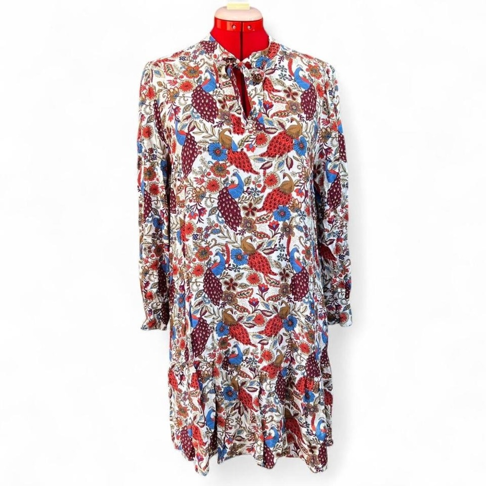 LOFT multicolored floral‎ peacock print dress tie neck ruffle hem large petite